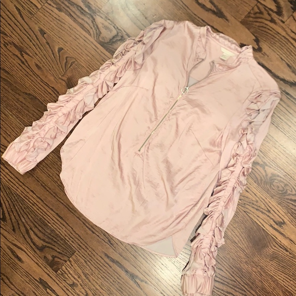 H&M Silky Quarter Zip Top, Ruffle Sleeves